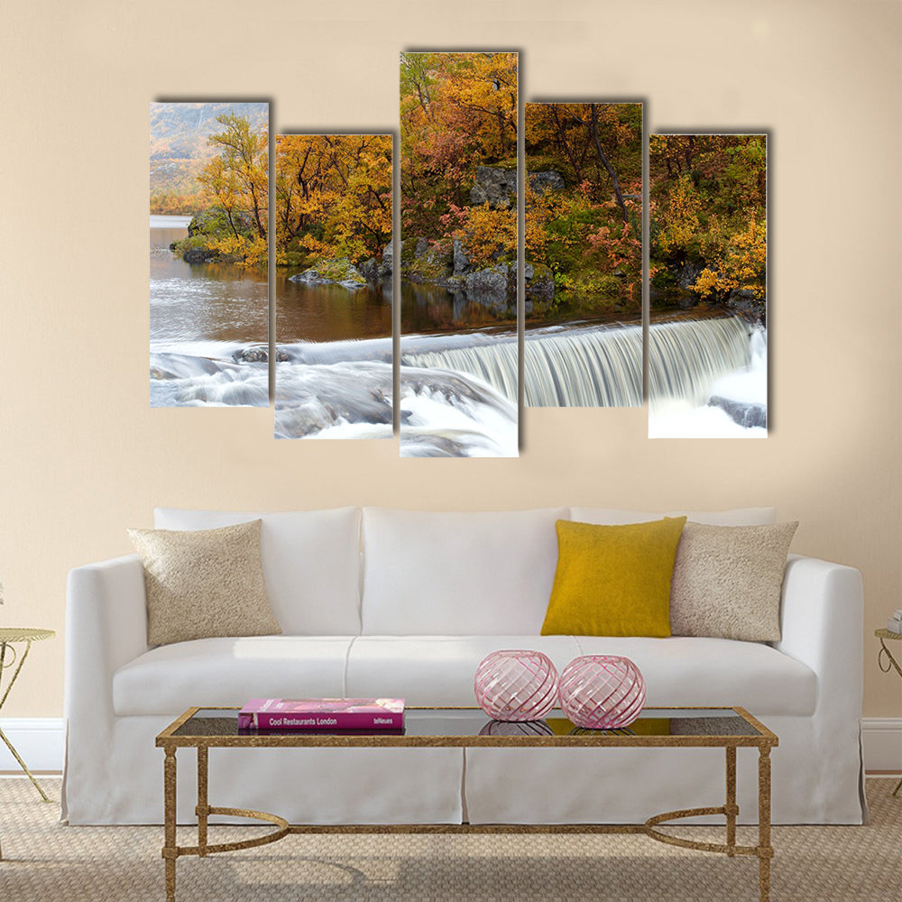 waterfall in the autumn woods, norway multi panel canvas wall art