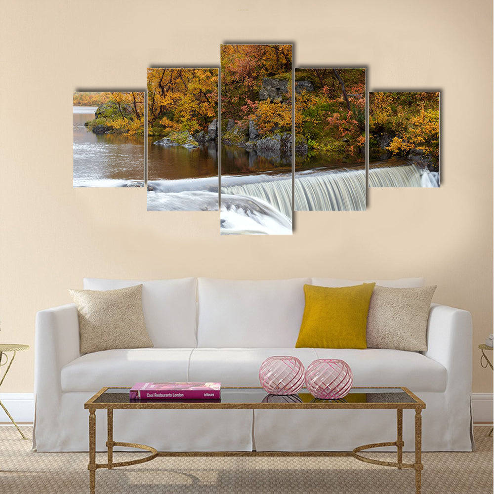 waterfall in the autumn woods, norway multi panel canvas wall art