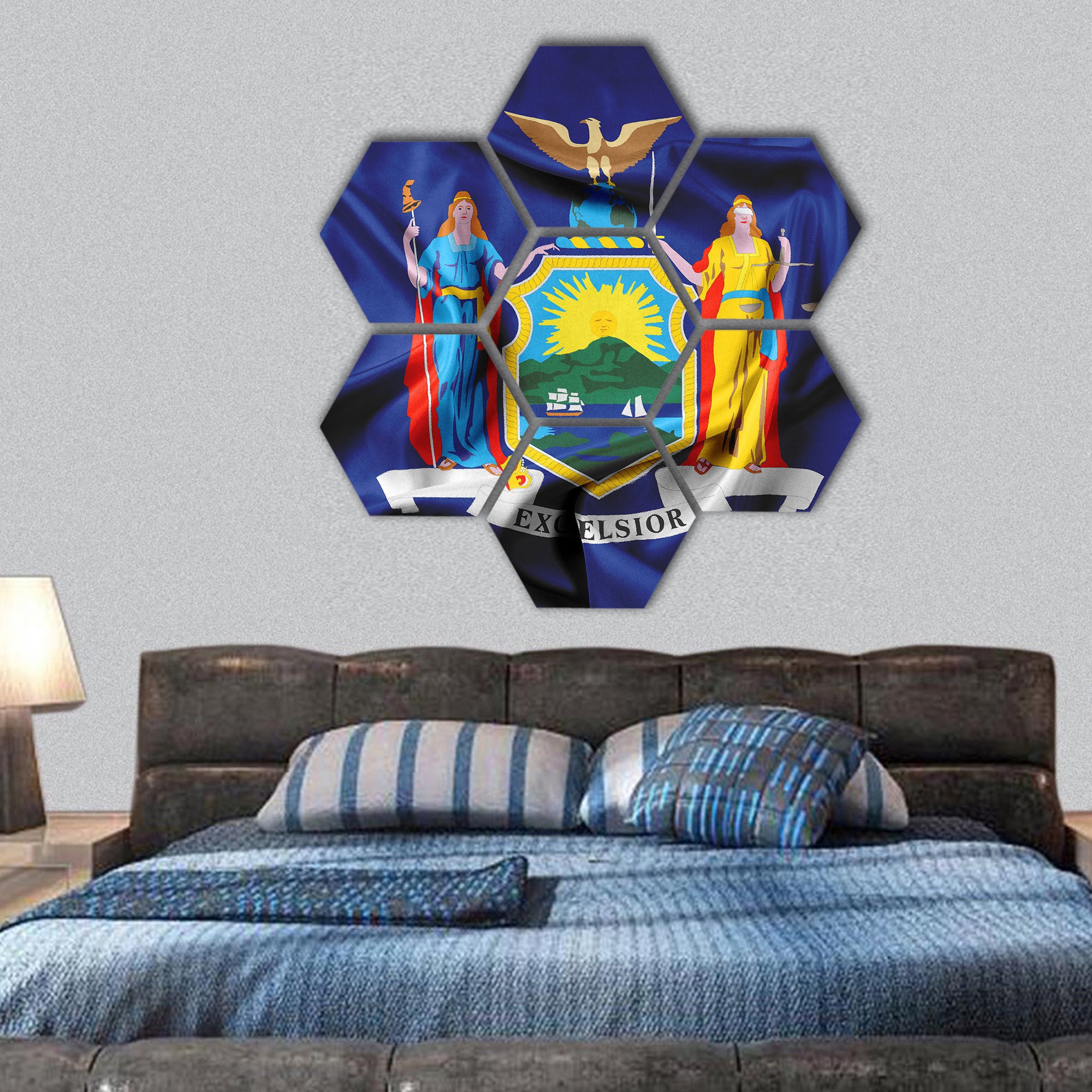 Waving Flag of New York State hexagonal canvas wall art