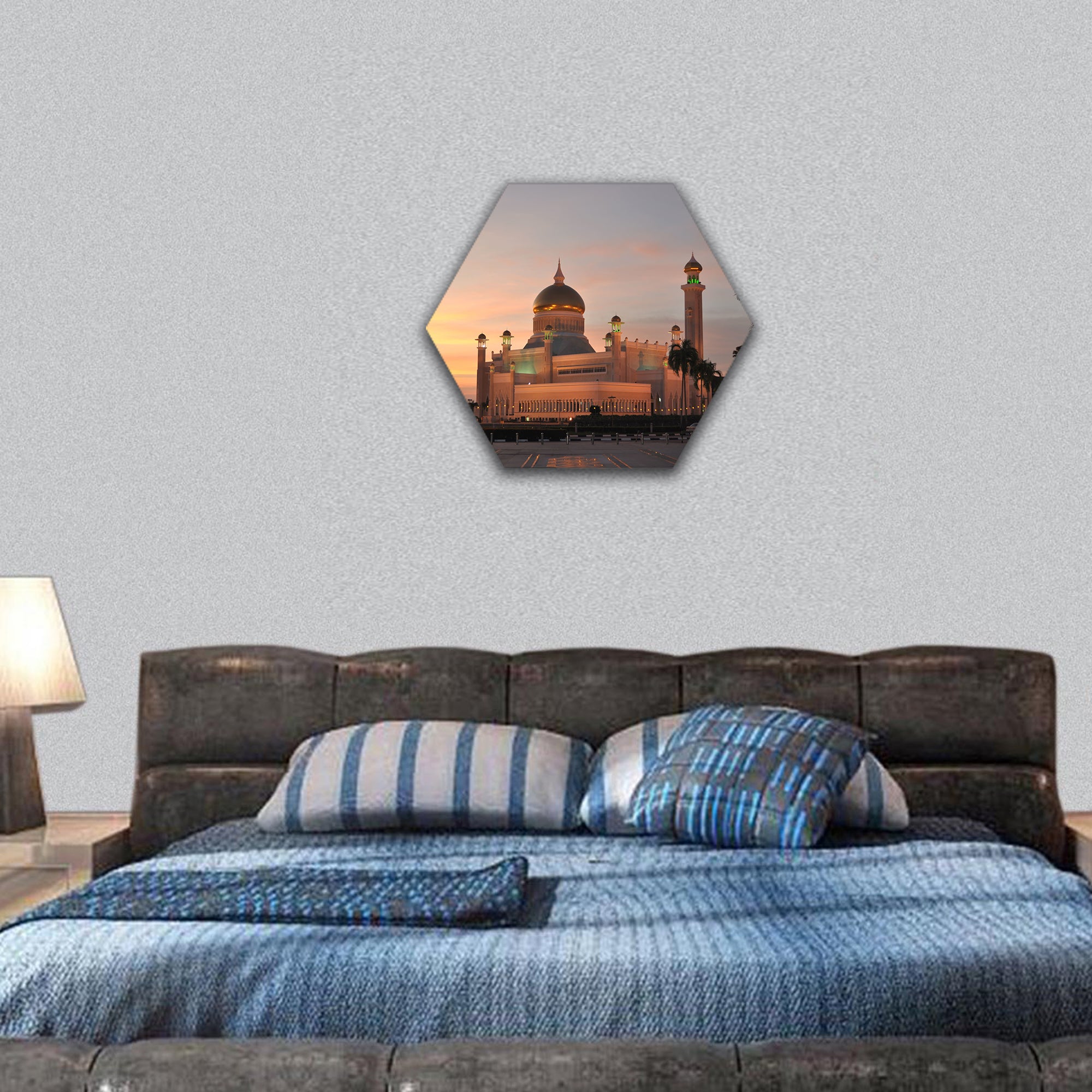 Sultan Omar Ali Saifuddin Mosque at sunset, Brunei hexagonal canvas wall art
