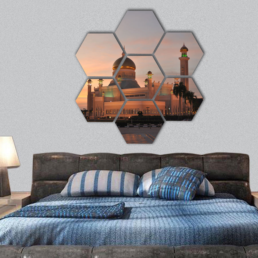 Sultan Omar Ali Saifuddin Mosque at sunset, Brunei hexagonal canvas wall art