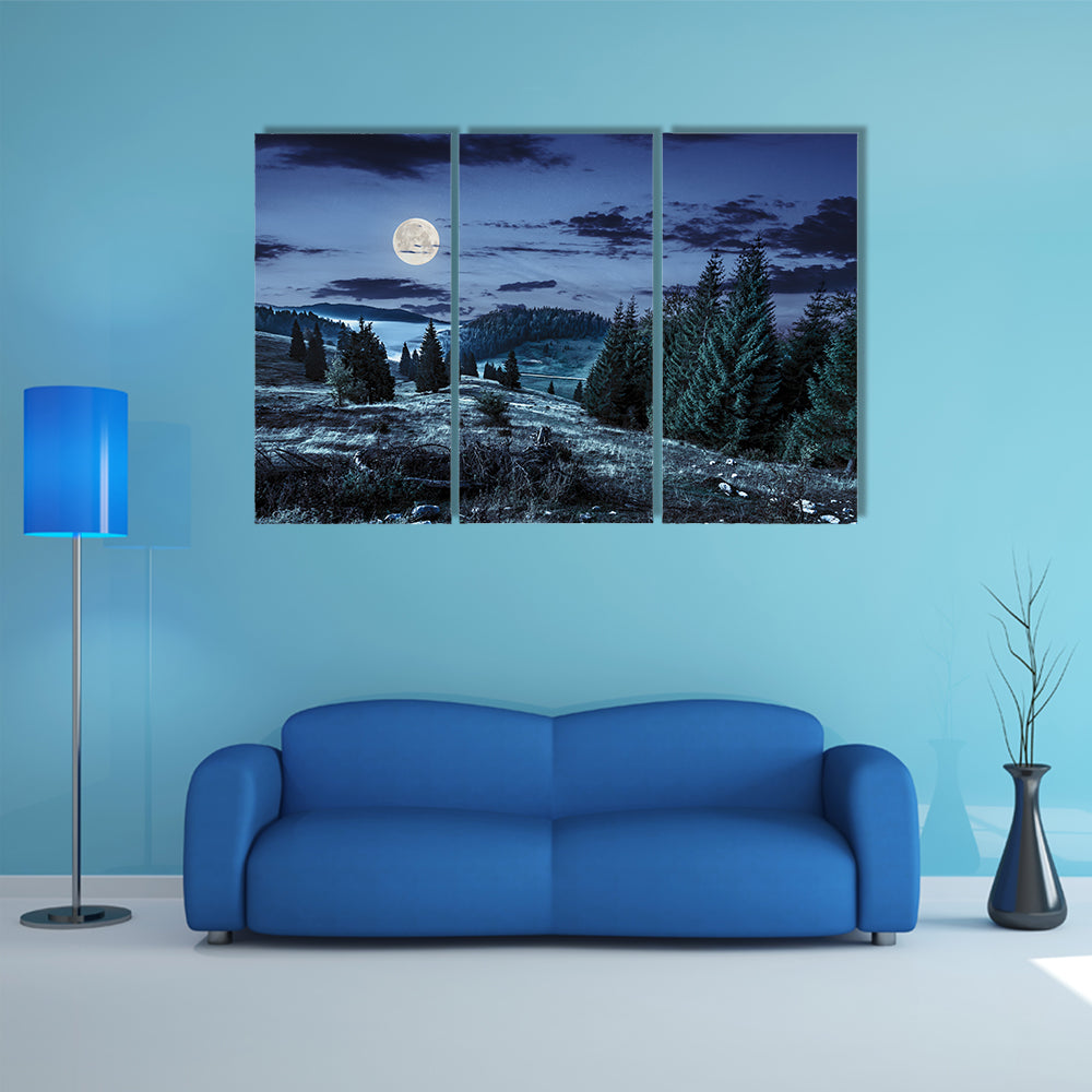 Hillside With Coniferous Forest Among The Fog On A Meadow In Mountains Of Romania At Night Multi Panel Canvas Wall Art