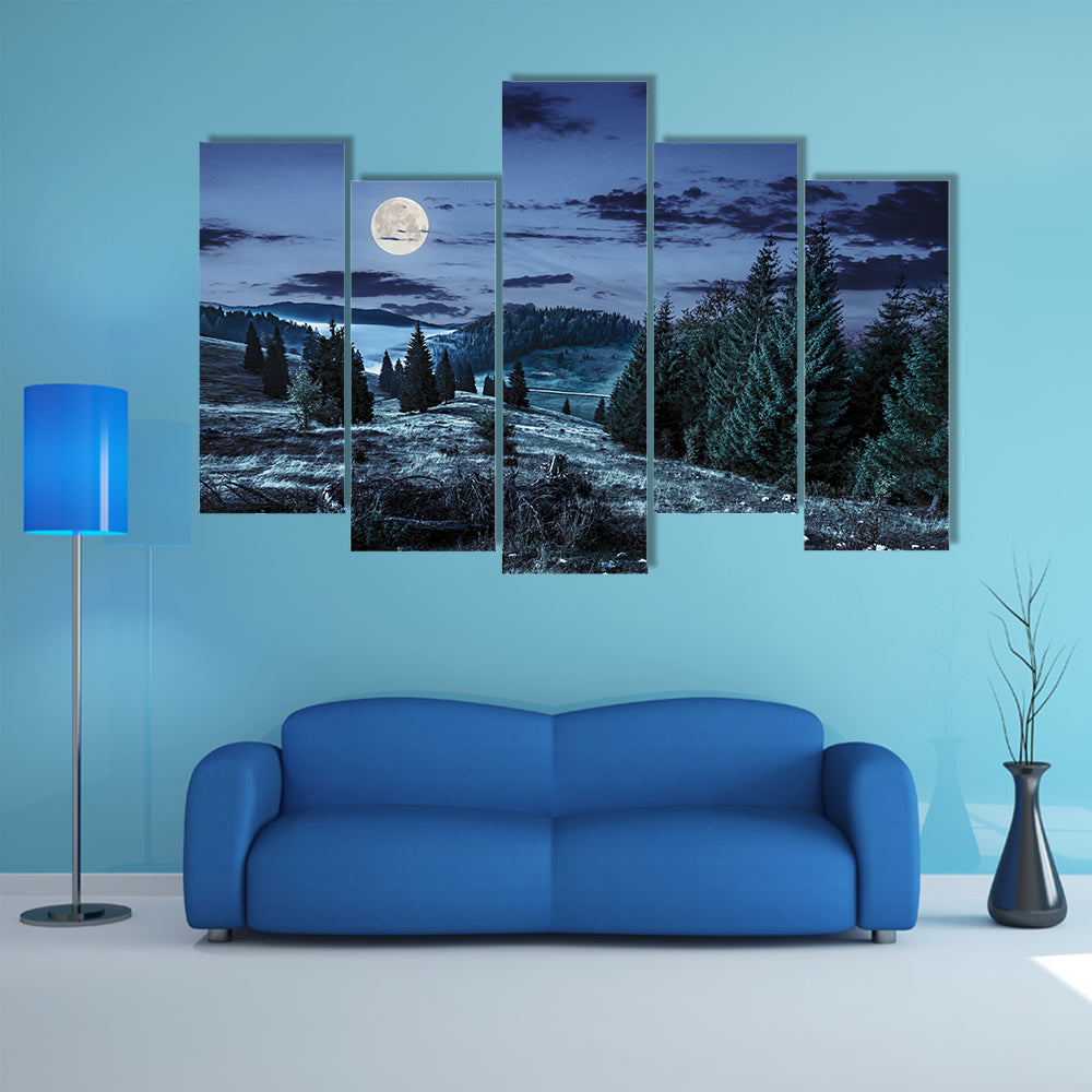 Hillside With Coniferous Forest Among The Fog On A Meadow In Mountains Of Romania At Night Multi Panel Canvas Wall Art