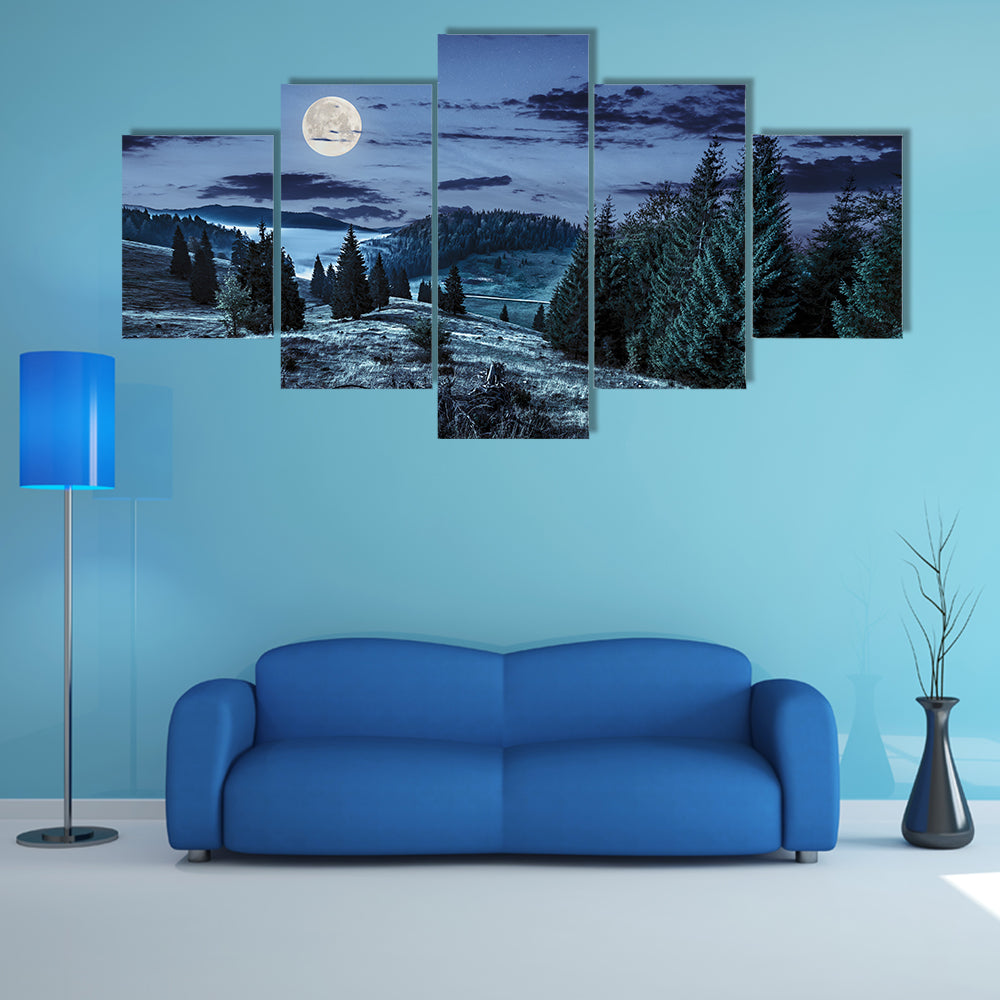 Hillside With Coniferous Forest Among The Fog On A Meadow In Mountains Of Romania At Night Multi Panel Canvas Wall Art