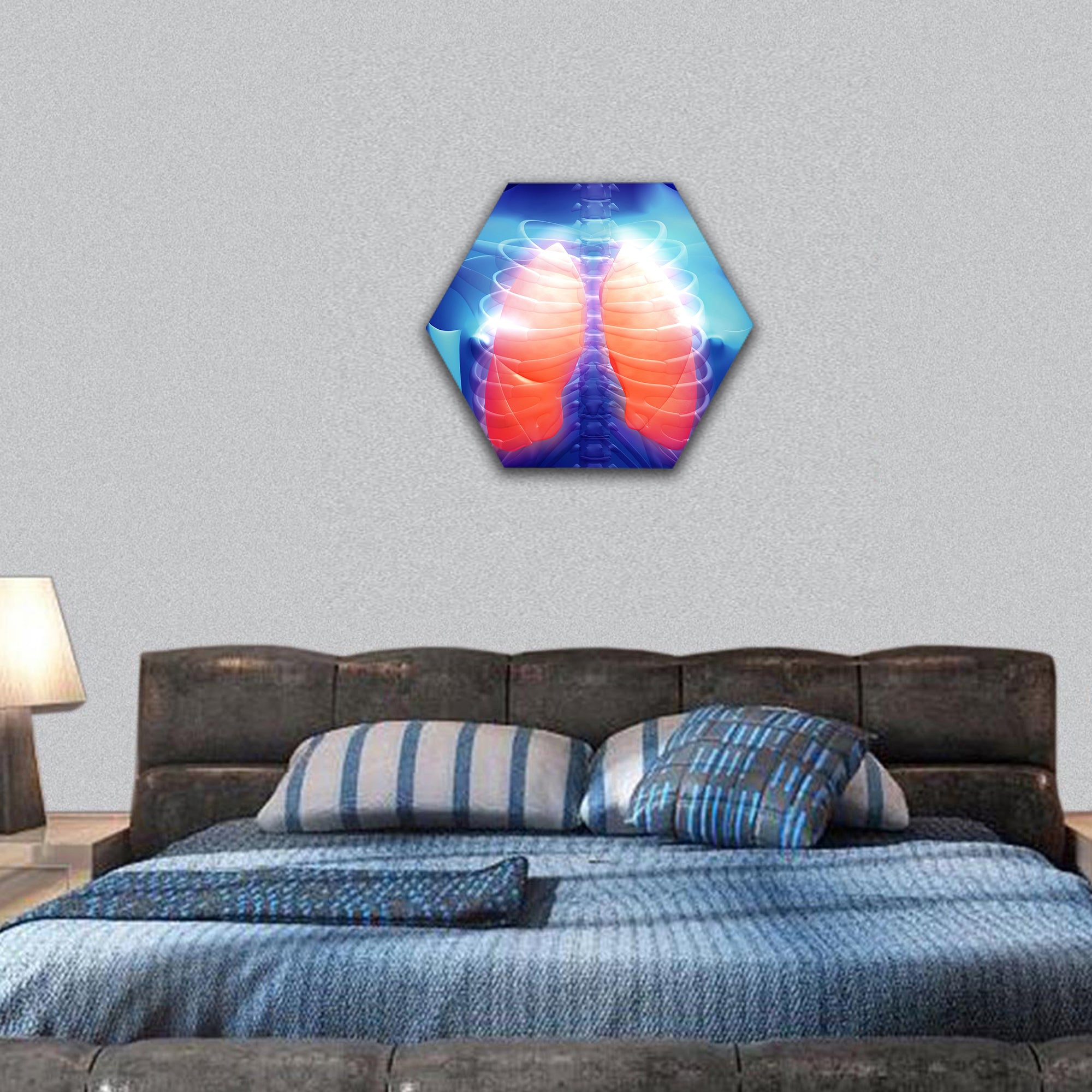 Digital illustration of a human body and lungs hexagonal canvas wall art