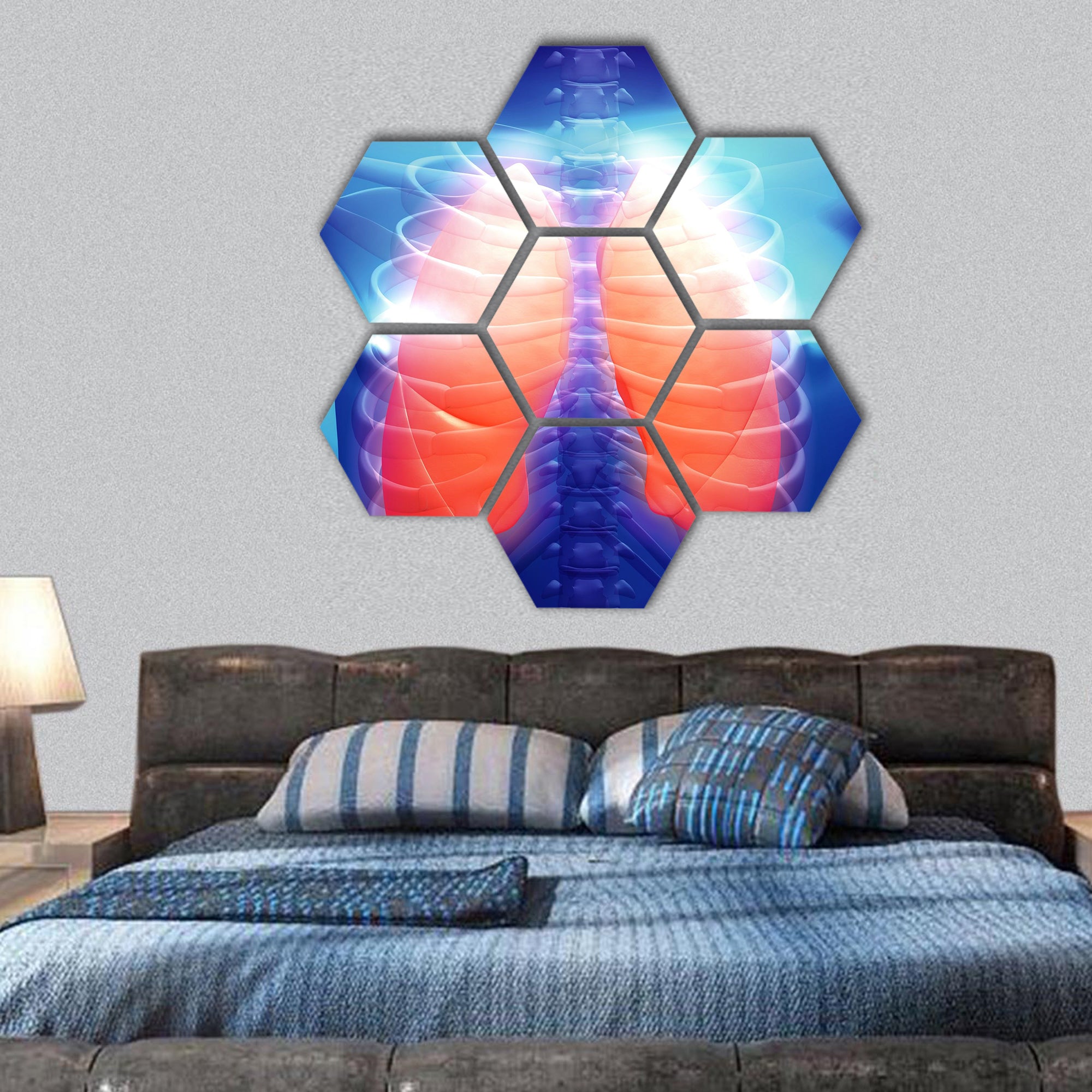 Digital illustration of a human body and lungs hexagonal canvas wall art
