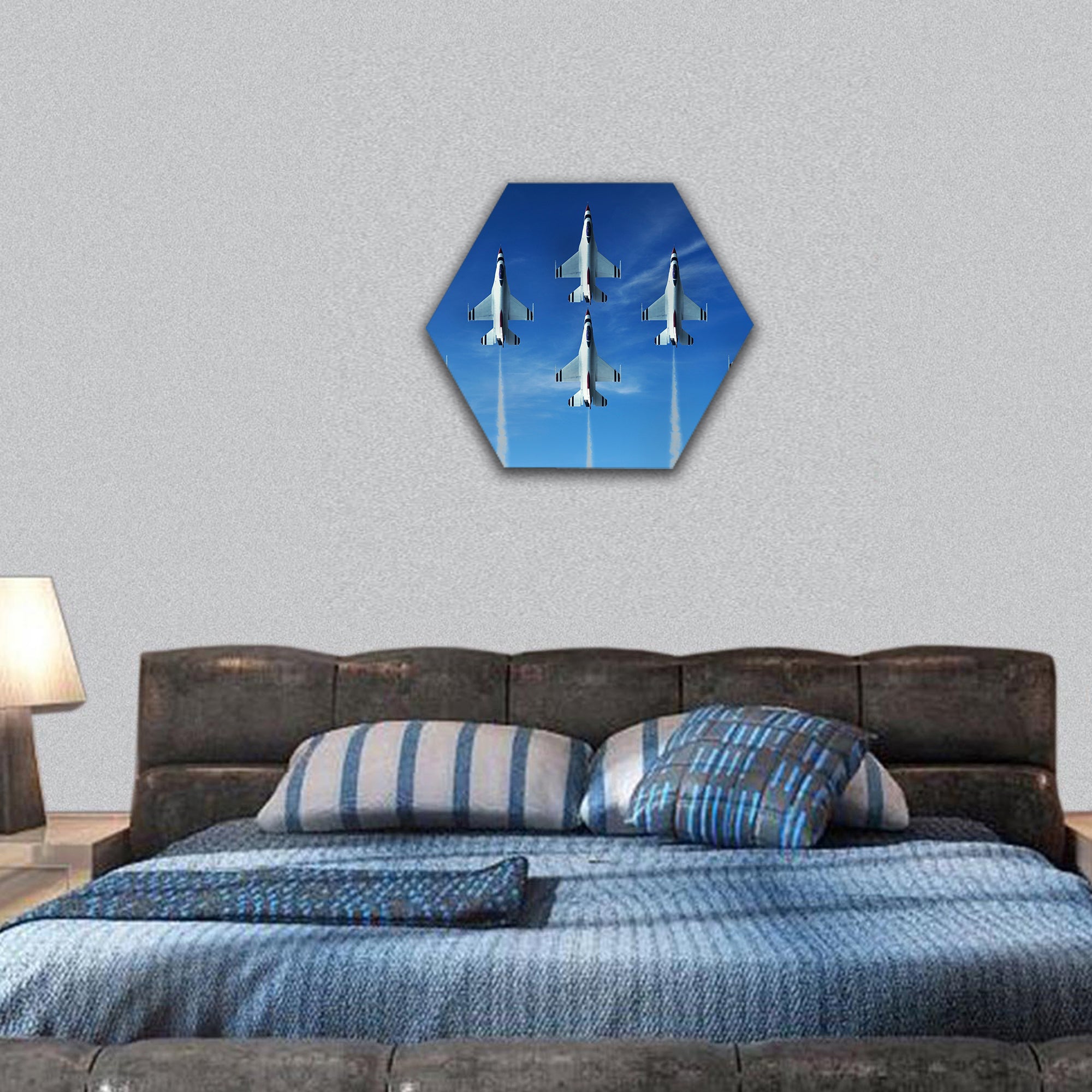 Military fighter jet during demonstration hexagonal canvas wall art