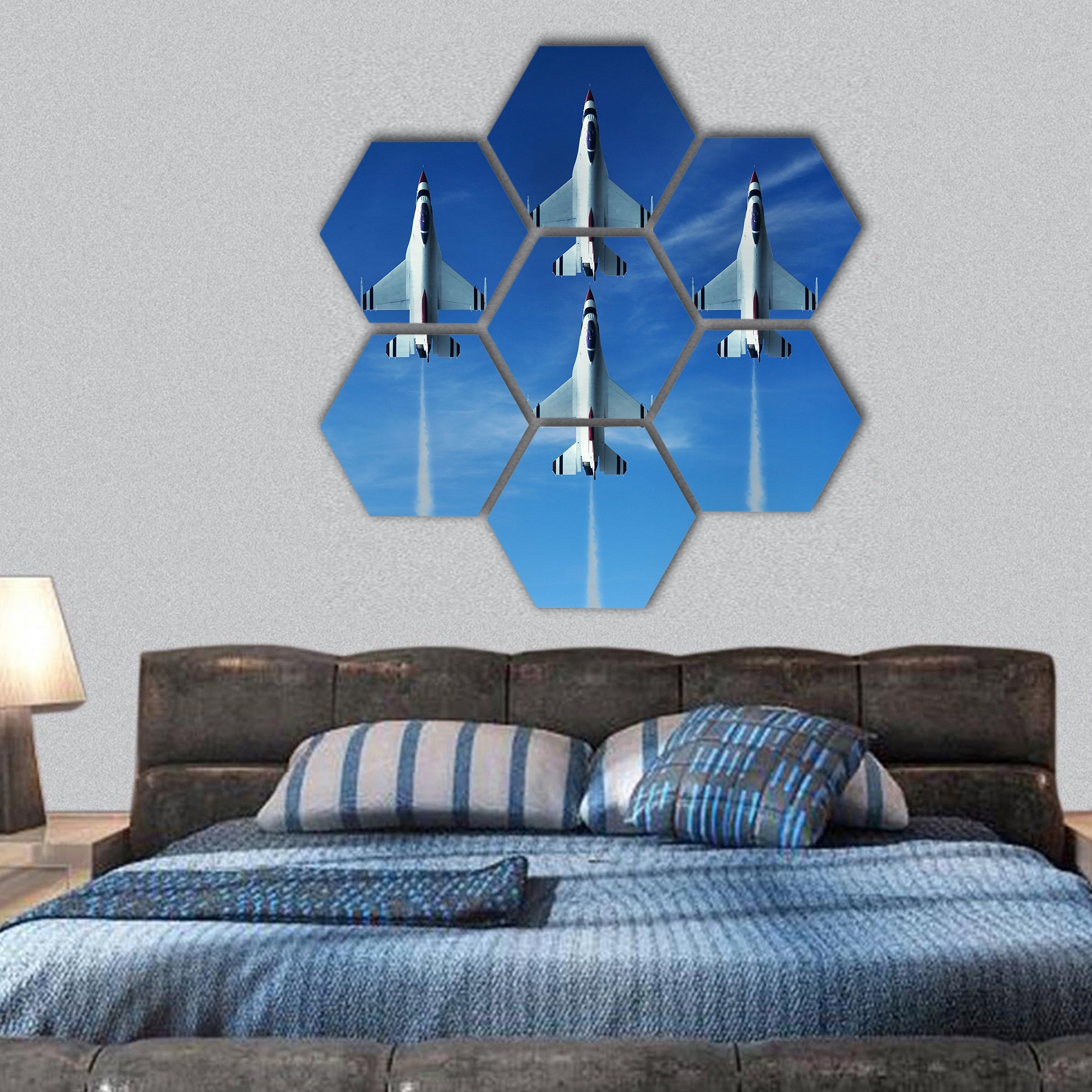 Military fighter jet during demonstration hexagonal canvas wall art