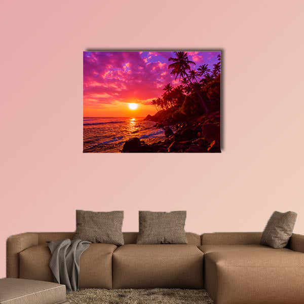 Sunset on tropical beach with palm trees silhouettes multi panel canvas wall art