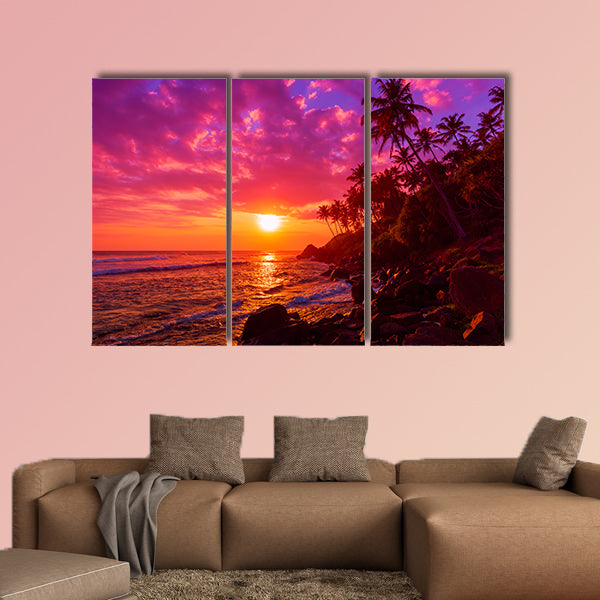 Sunset on tropical beach with palm trees silhouettes multi panel canvas wall art