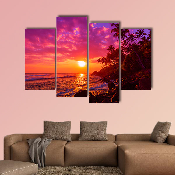 Sunset on tropical beach with palm trees silhouettes multi panel canvas wall art
