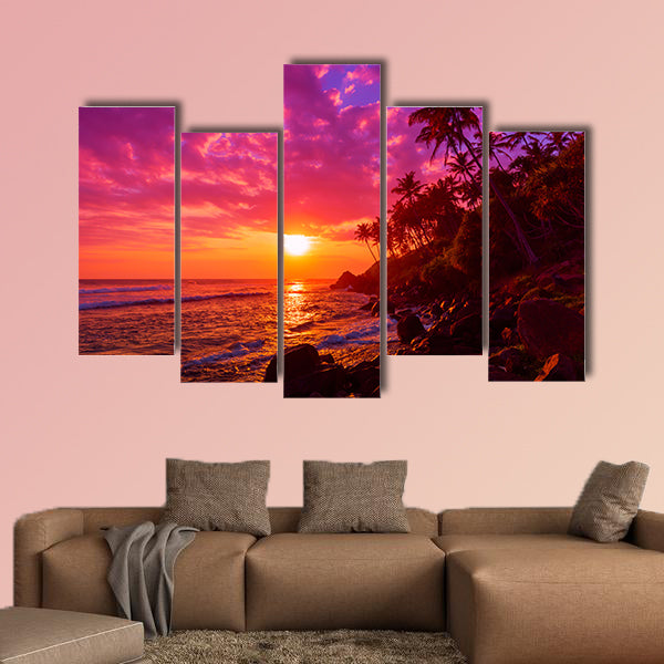 Sunset on tropical beach with palm trees silhouettes multi panel canvas wall art