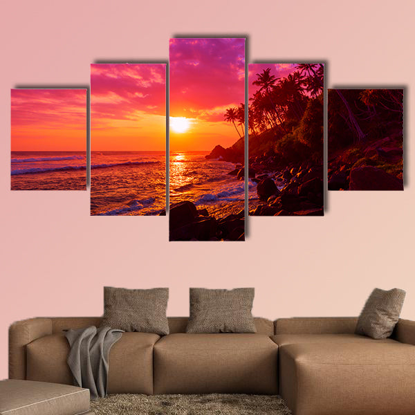 Sunset on tropical beach with palm trees silhouettes multi panel canvas wall art