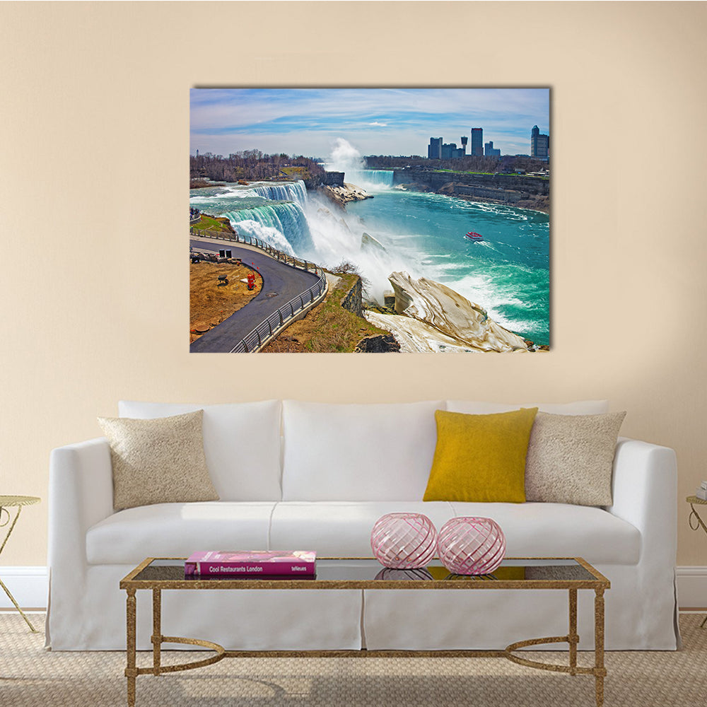 Niagara Falls and a Ferry on Niagara River from the American side Multi Panel Canvas Wall Art