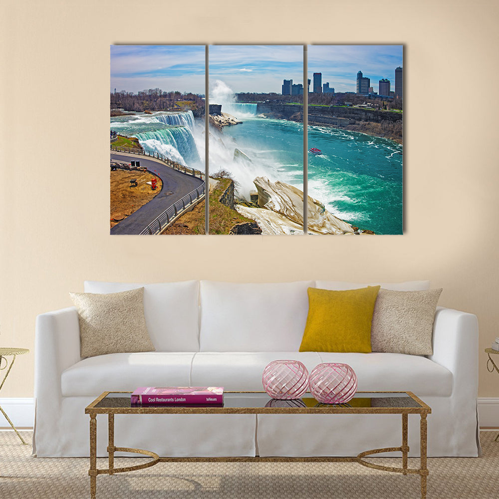 Niagara Falls and a Ferry on Niagara River from the American side Multi Panel Canvas Wall Art