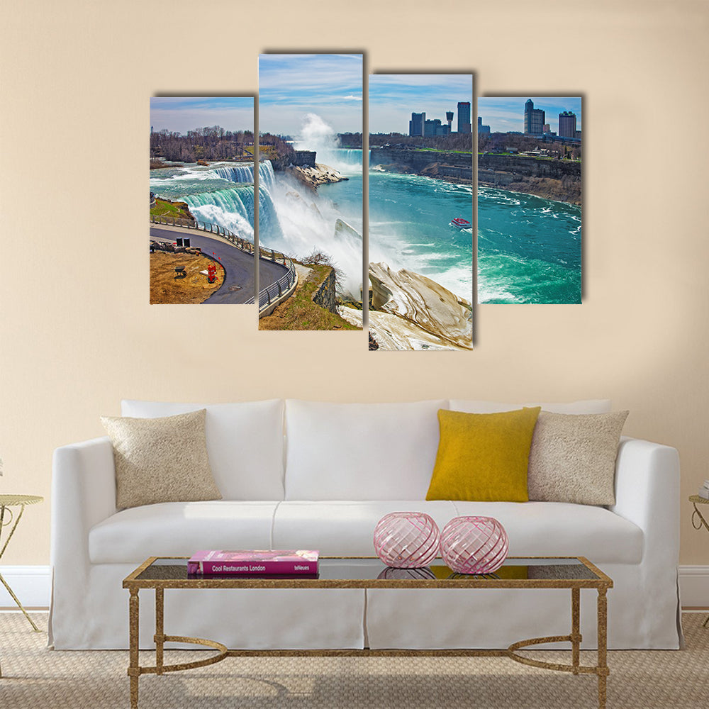 Niagara Falls and a Ferry on Niagara River from the American side Multi Panel Canvas Wall Art