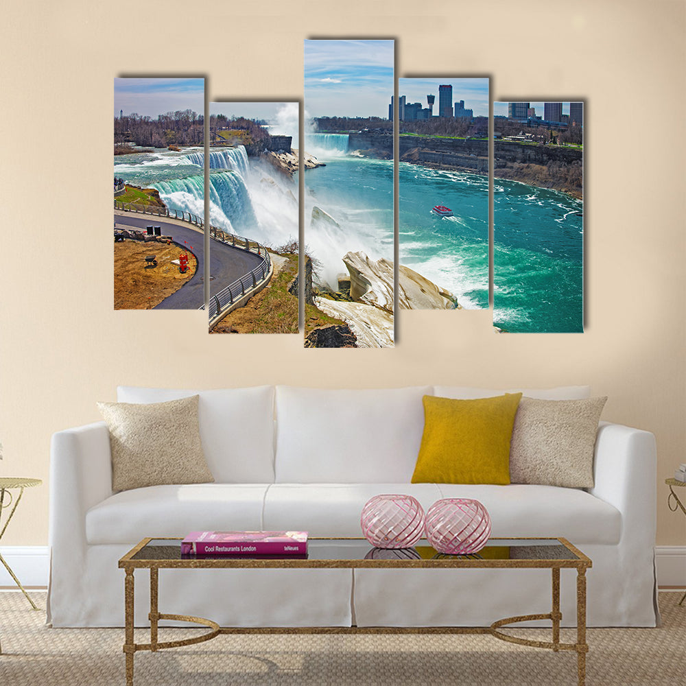 Niagara Falls and a Ferry on Niagara River from the American side Multi Panel Canvas Wall Art