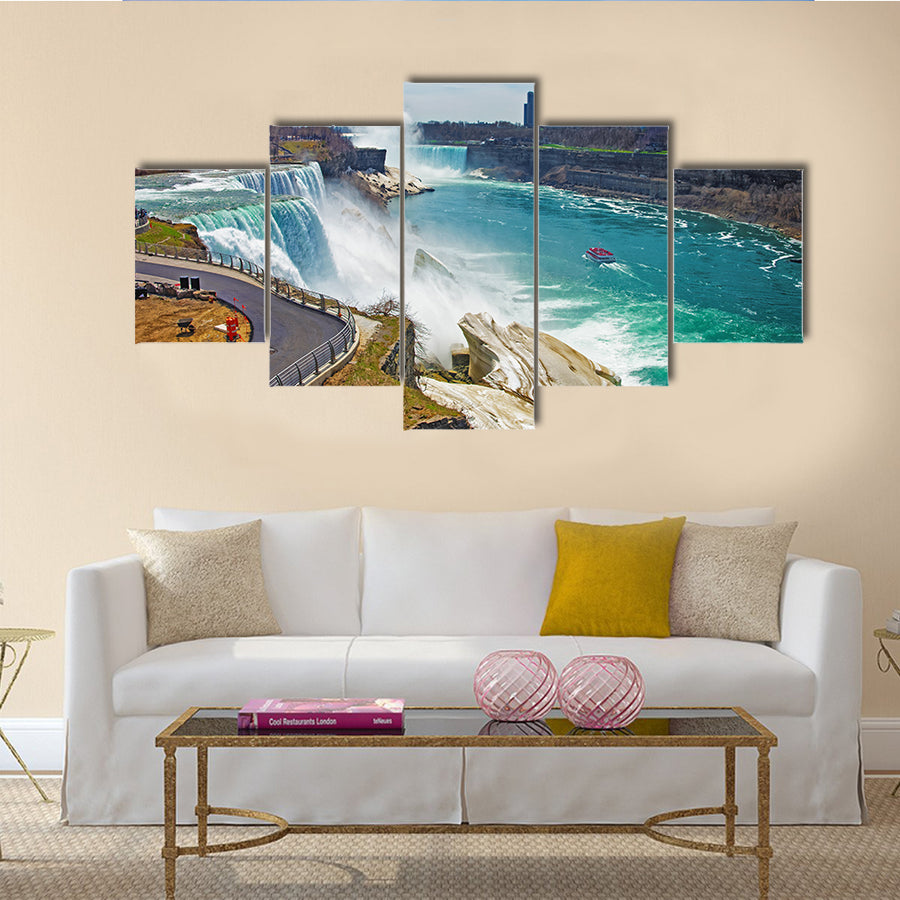 Niagara Falls and a Ferry on Niagara River from the American side Multi Panel Canvas Wall Art