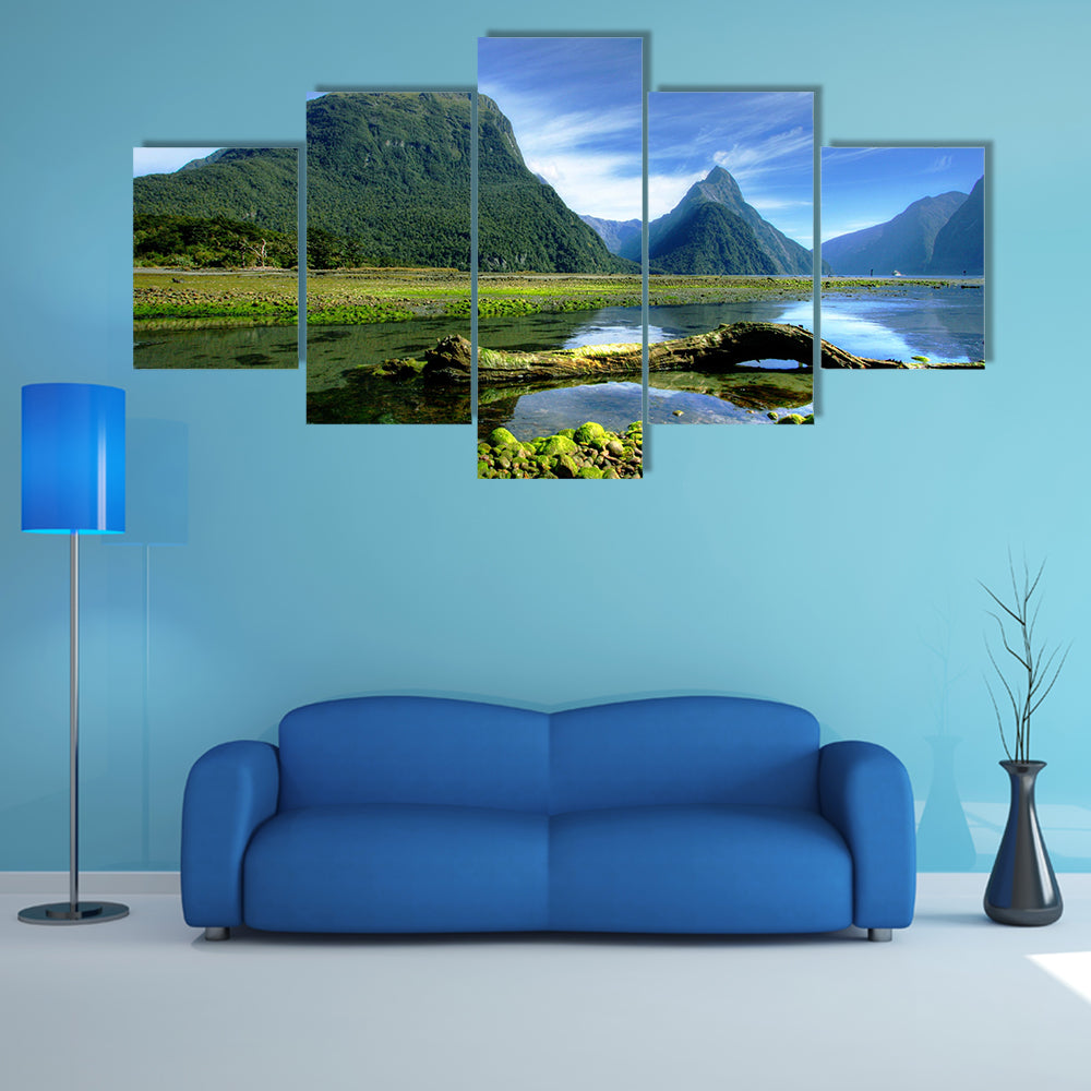 Mitre Peak In New Zealand At Low Tide Multi Panel Canvas Wall Art