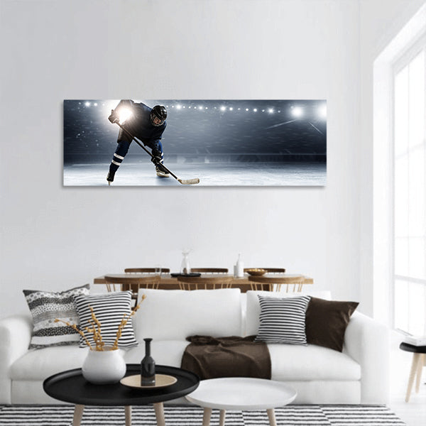 Hockey player in lights panoramic canvas wall art