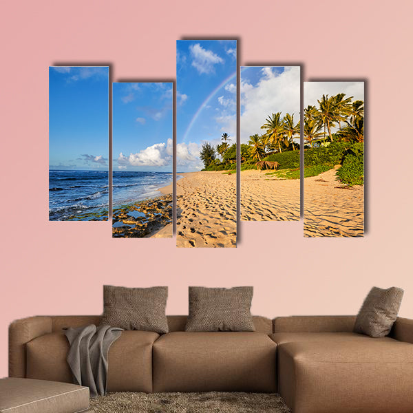  Rainbow scenic view over the popular surfing place Sunset Beach multi panel canvas wall art