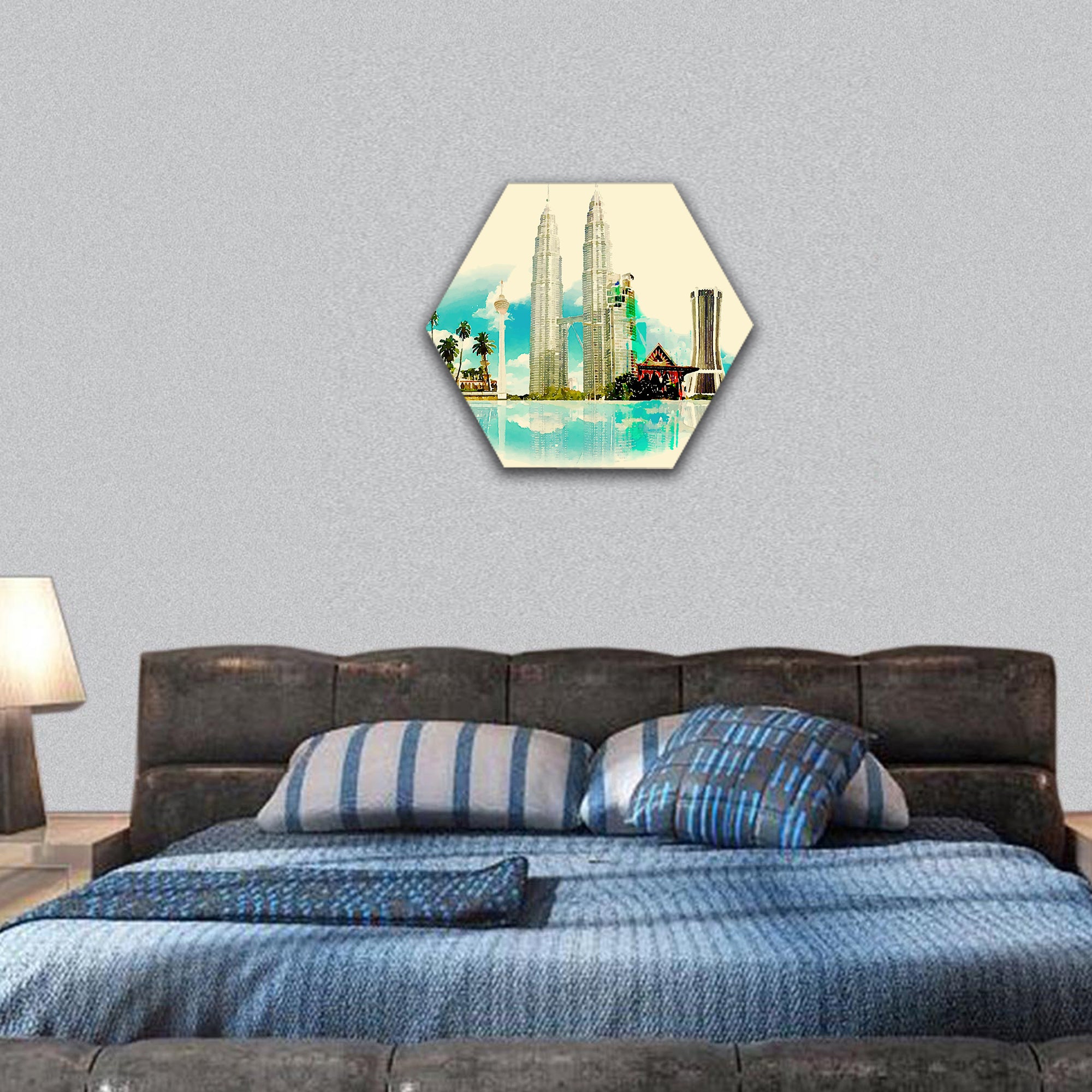 Watercolor Kuala Lumpur city hexagonal canvas wall art