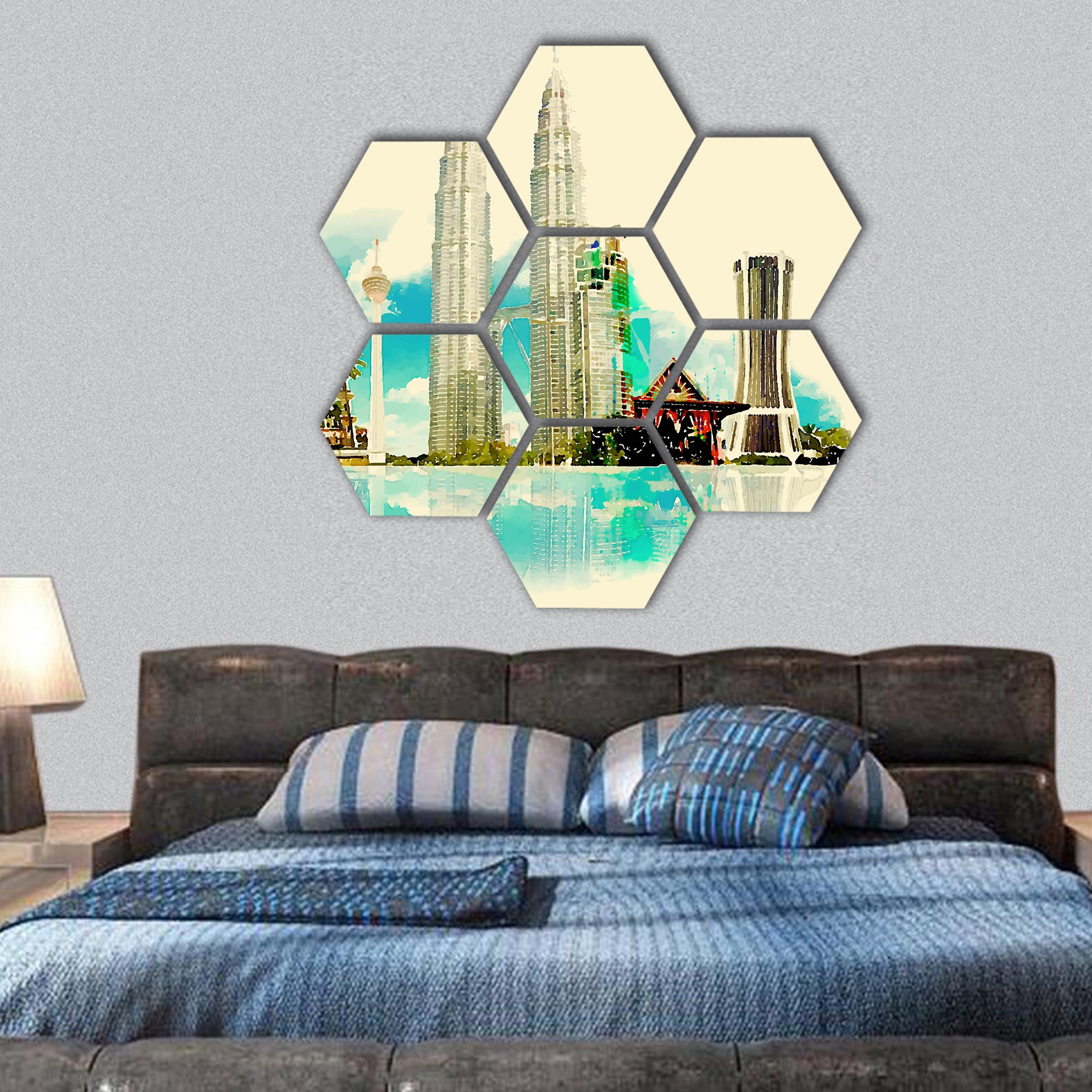 Watercolor Kuala Lumpur city hexagonal canvas wall art