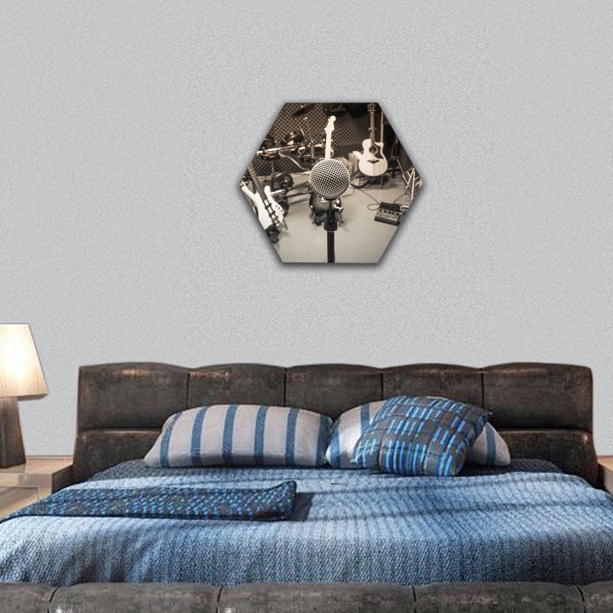 Microphone, guitar, lyric and musical equipment hexagonal canvas wall art