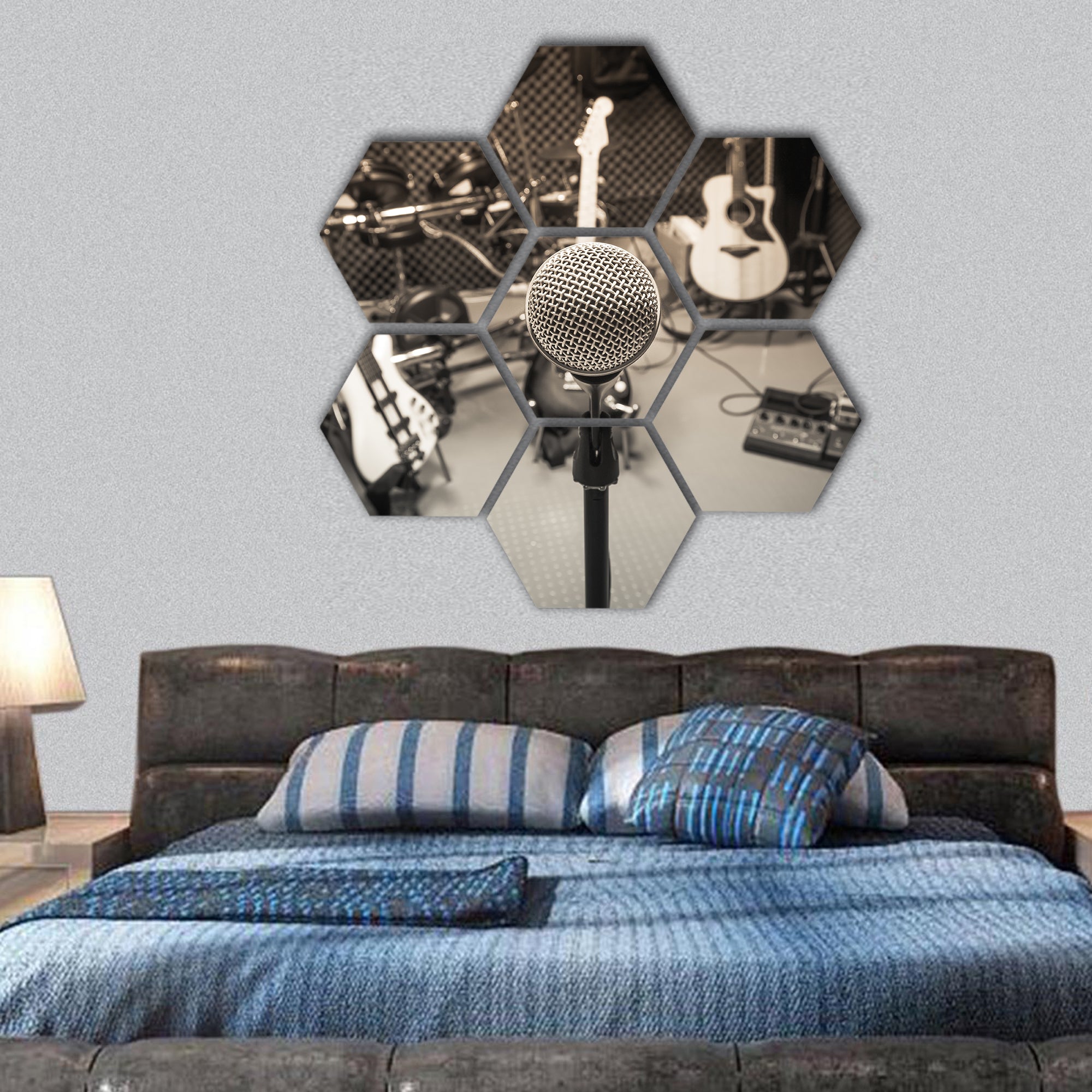 Microphone, guitar, lyric and musical equipment hexagonal canvas wall art