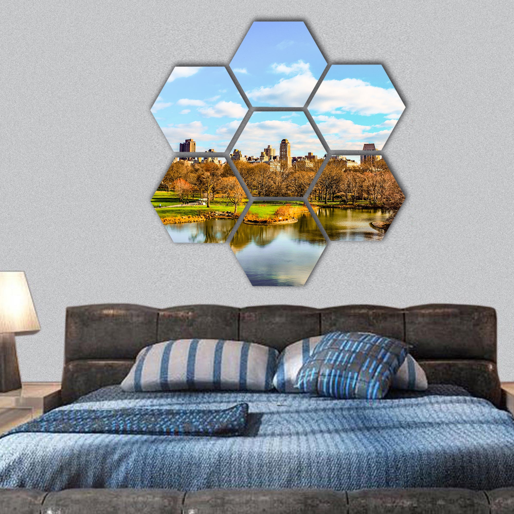 A black and white view of Central Park hexagonal canvas wall art