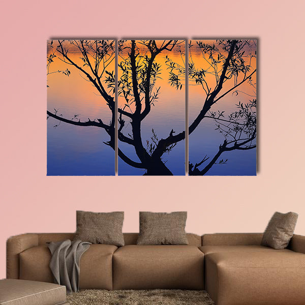 Silhouette of lonely tree growing in a pond at sunrise wall art
