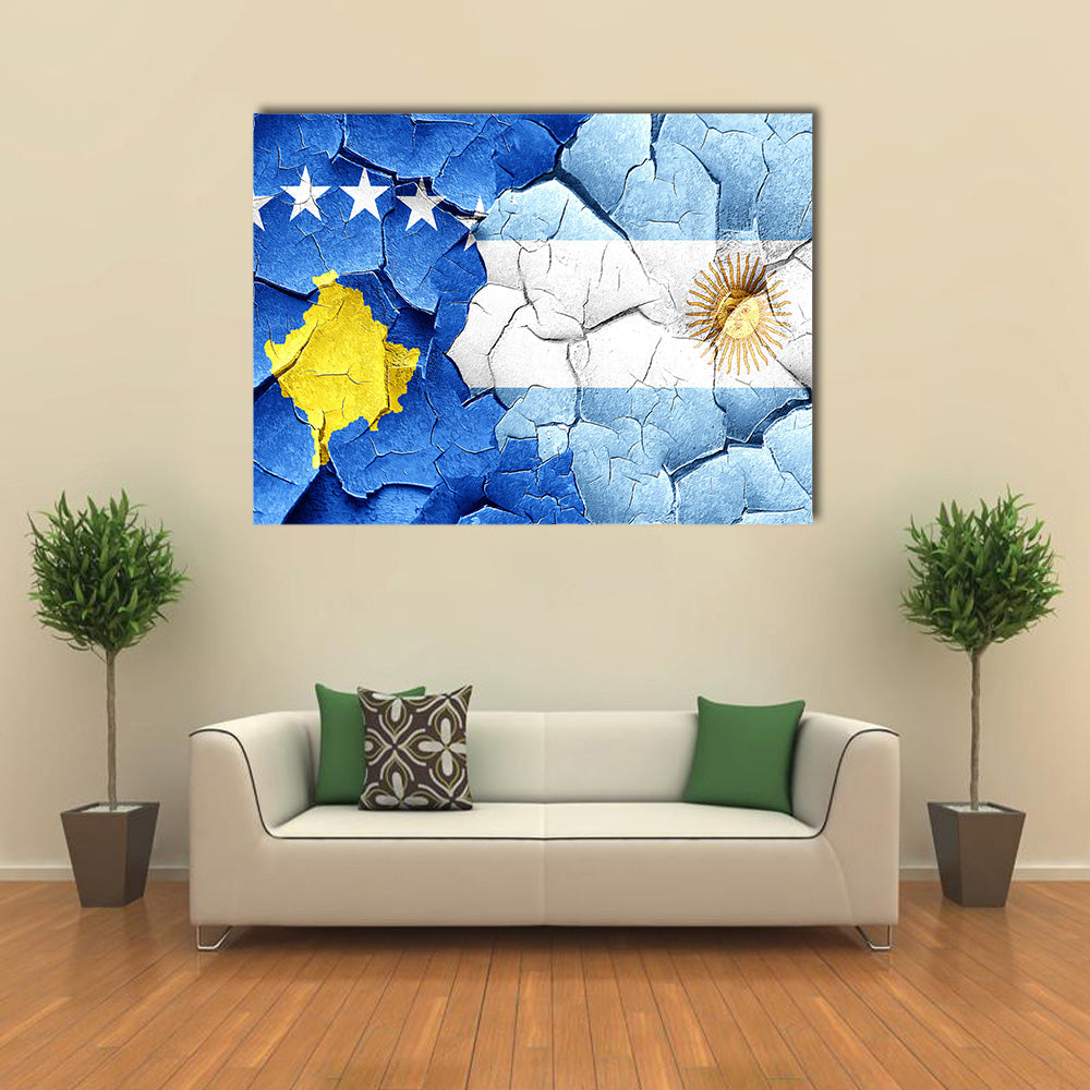 Kosovo Flag With Argentine Flag On A Grunge Cracked Wall Multi Panel Canvas Wall Art