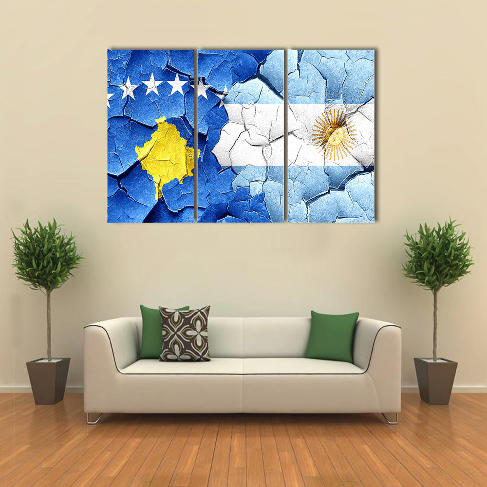 Kosovo Flag With Argentine Flag On A Grunge Cracked Wall Multi Panel Canvas Wall Art