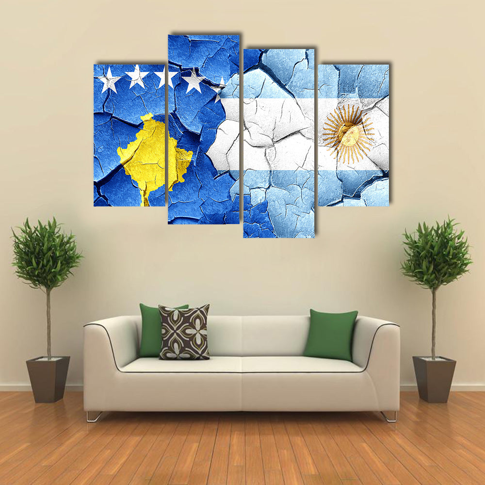 Kosovo Flag With Argentine Flag On A Grunge Cracked Wall Multi Panel Canvas Wall Art