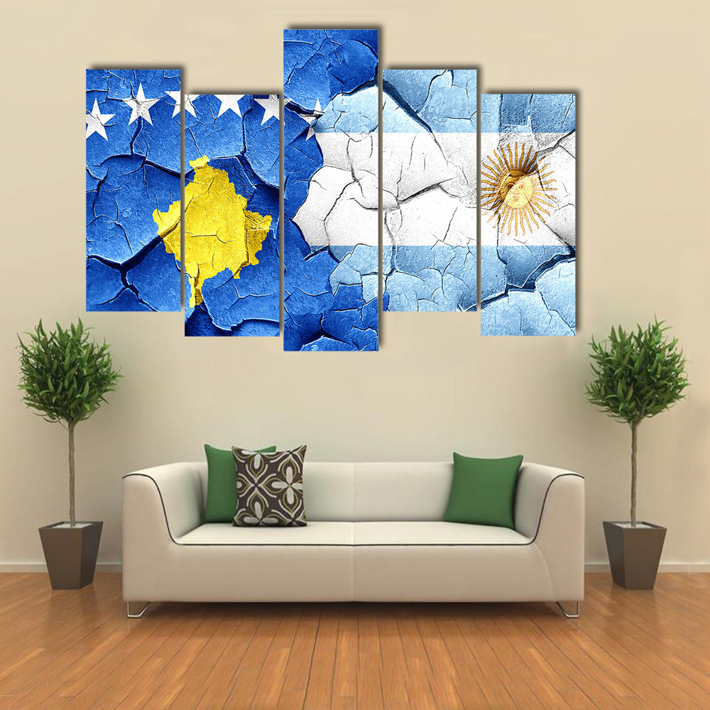 Kosovo Flag With Argentine Flag On A Grunge Cracked Wall Multi Panel Canvas Wall Art