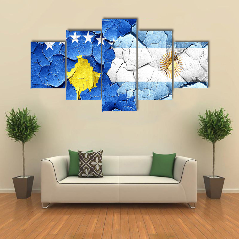 Kosovo Flag With Argentine Flag On A Grunge Cracked Wall Multi Panel Canvas Wall Art