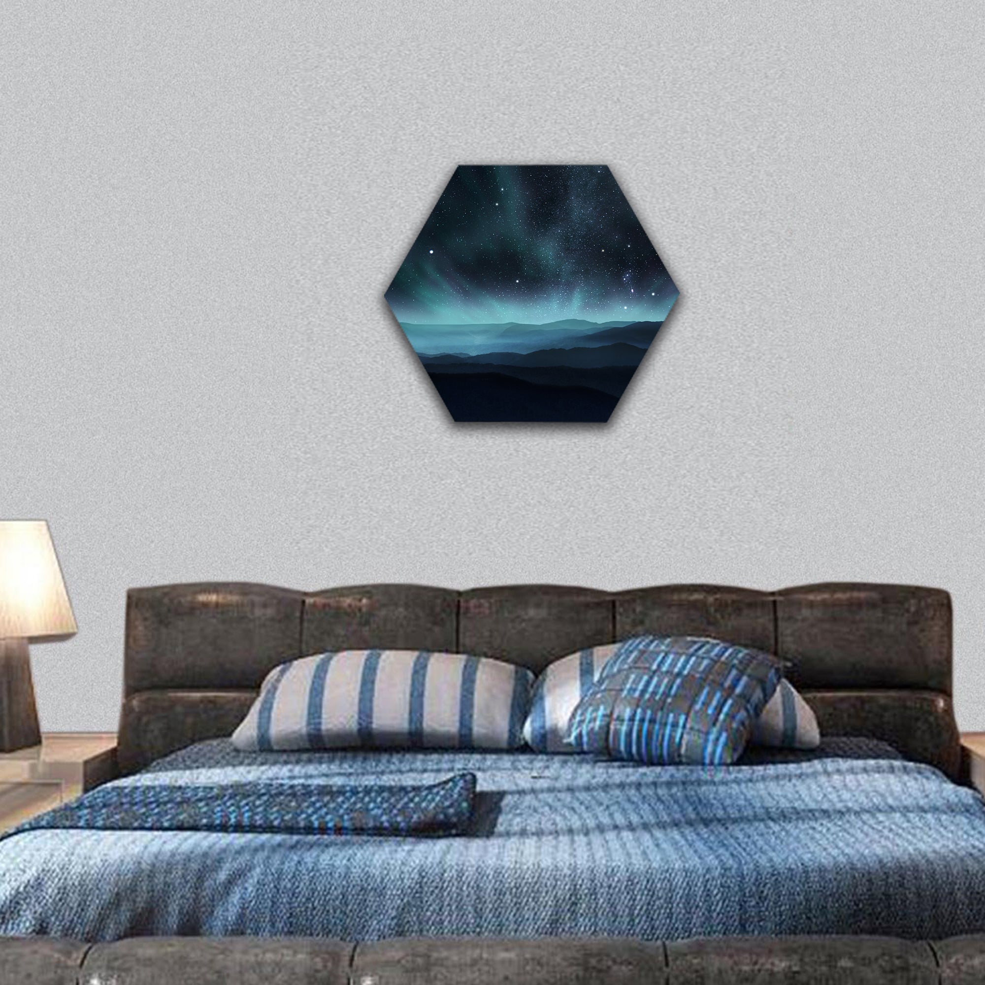 Starry night sky with aurora over the hills hexagonal canvas wall art