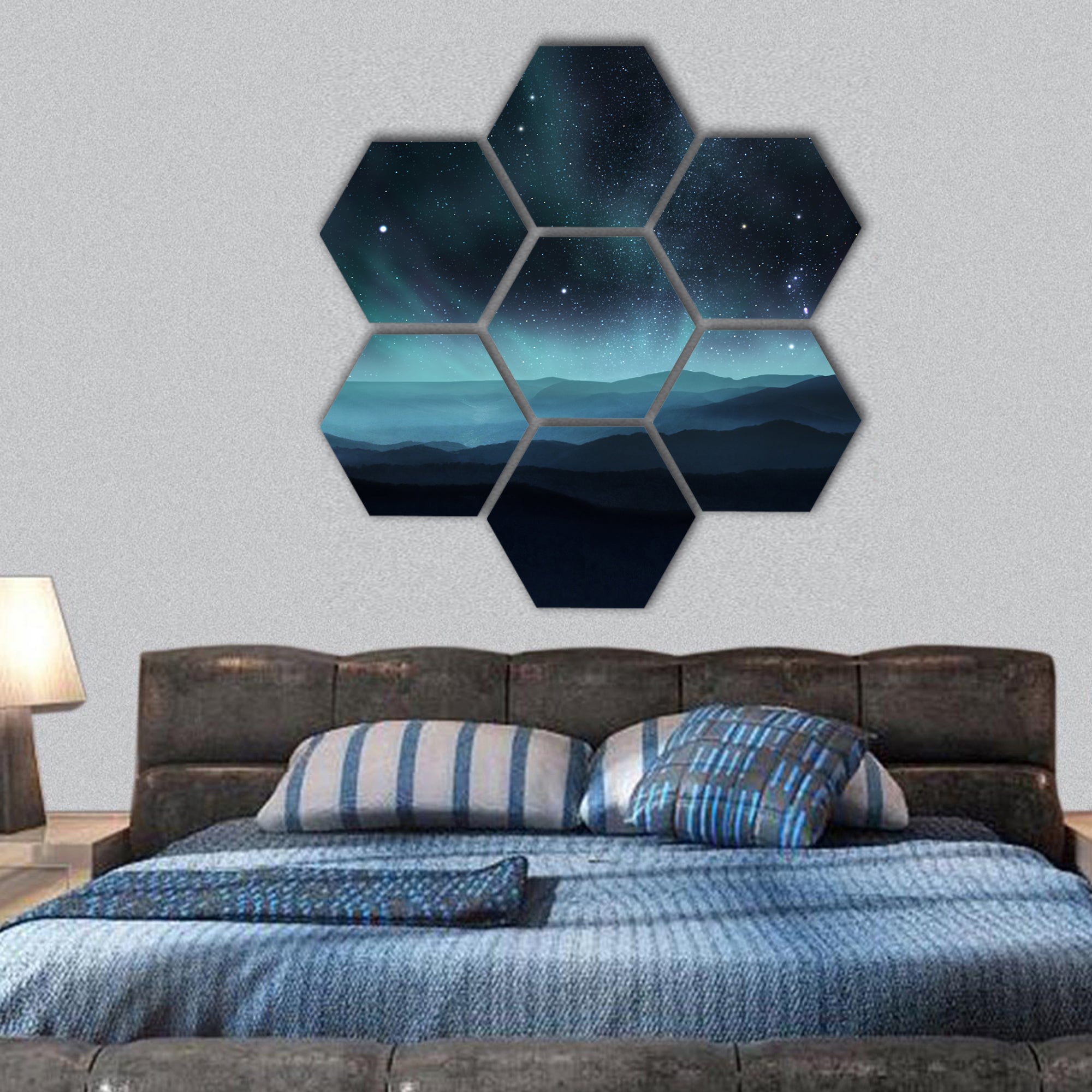 Starry night sky with aurora over the hills hexagonal canvas wall art