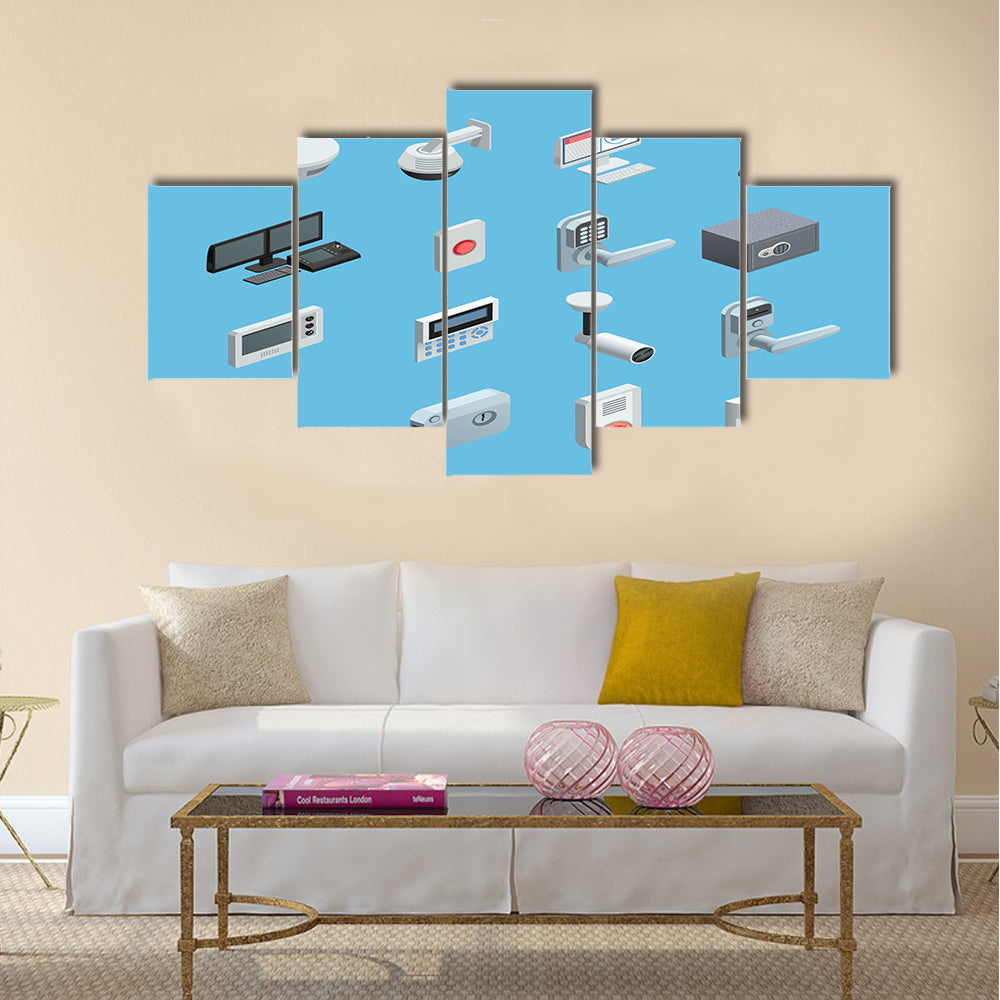 Home security system elements isometric icons surveillance motion sensor alarm camera  Multi panel canvas wall art