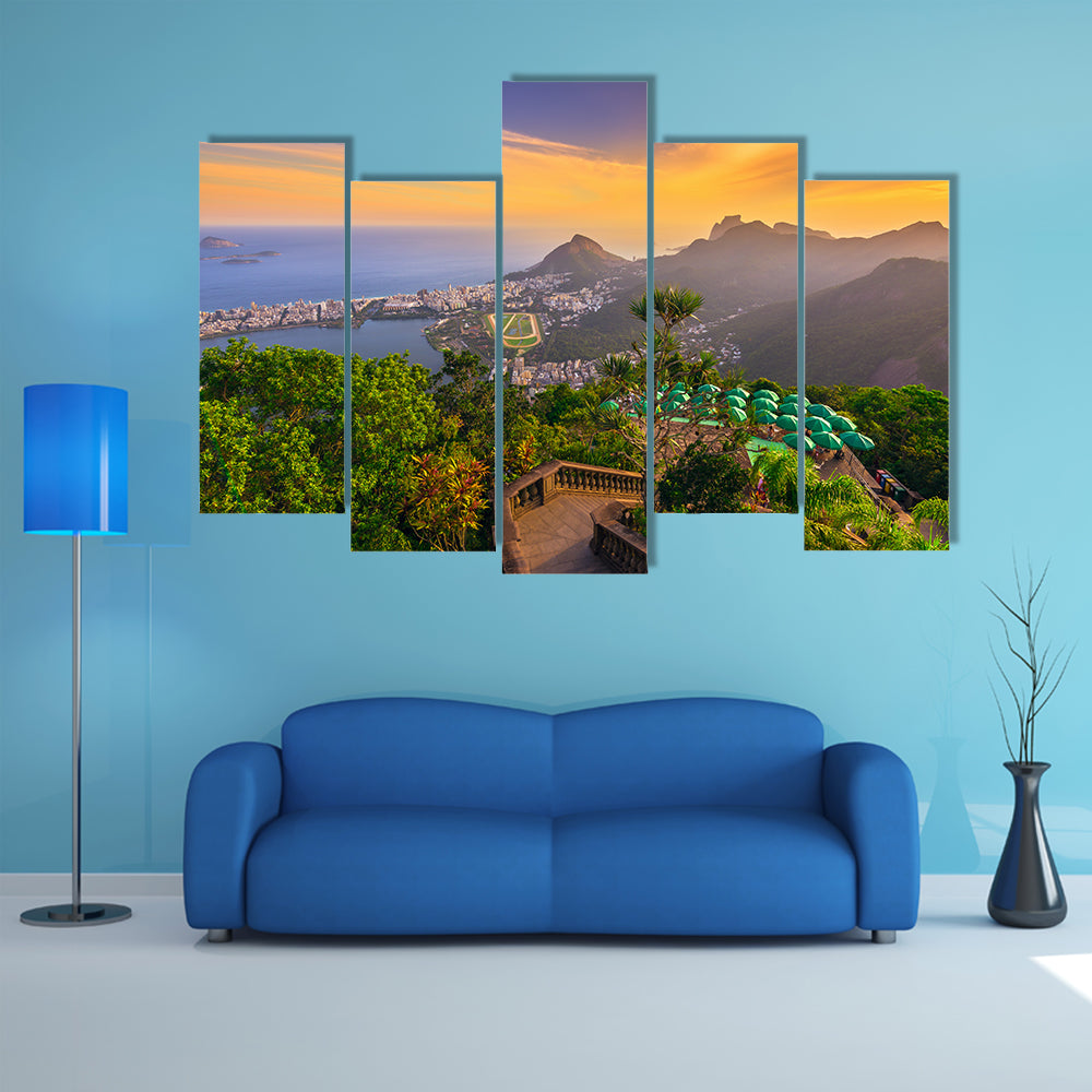 The Sunset view from Corcovado of Lagoa Rodrigo de Freitas Multi Panel Canvas Wall Art