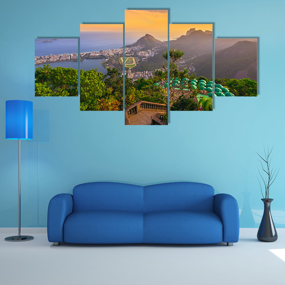 The Sunset view from Corcovado of Lagoa Rodrigo de Freitas Multi Panel Canvas Wall Art