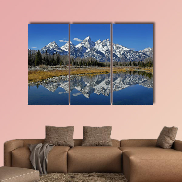 Teton mountain range reflecting in river water with surrounding plants wall art