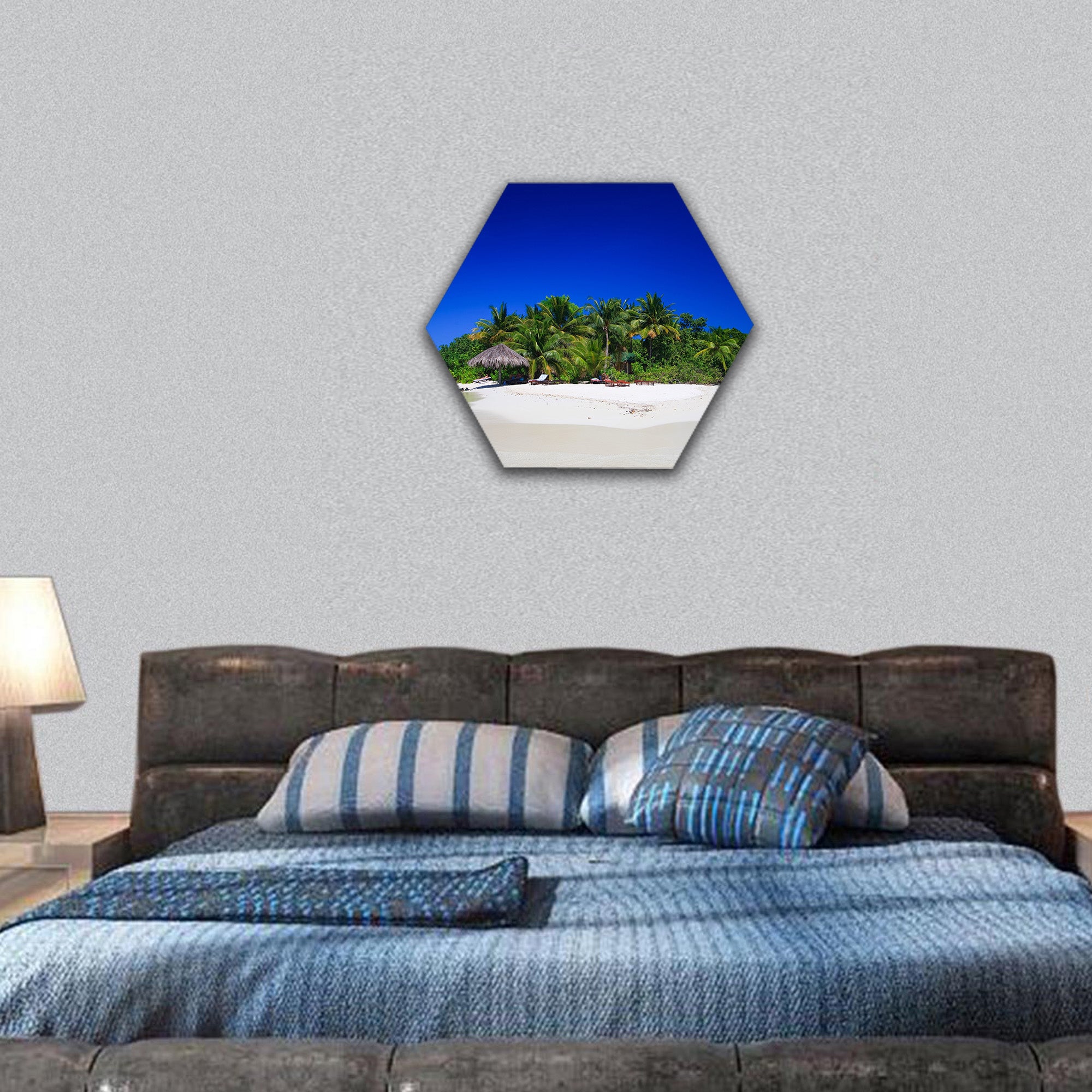 Tropical Paradise at Maldives with palms hexagonal canvas wall art