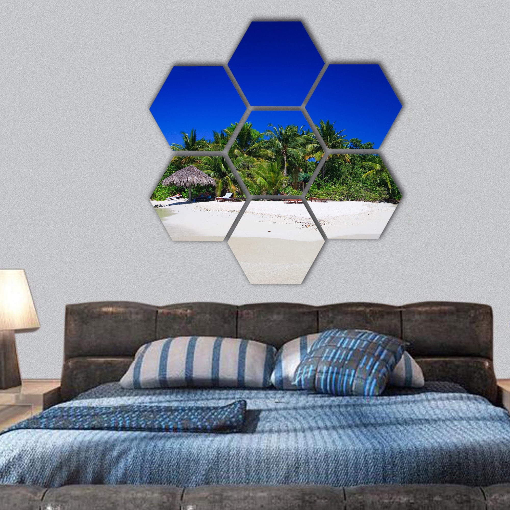 Tropical Paradise at Maldives with palms hexagonal canvas wall art
