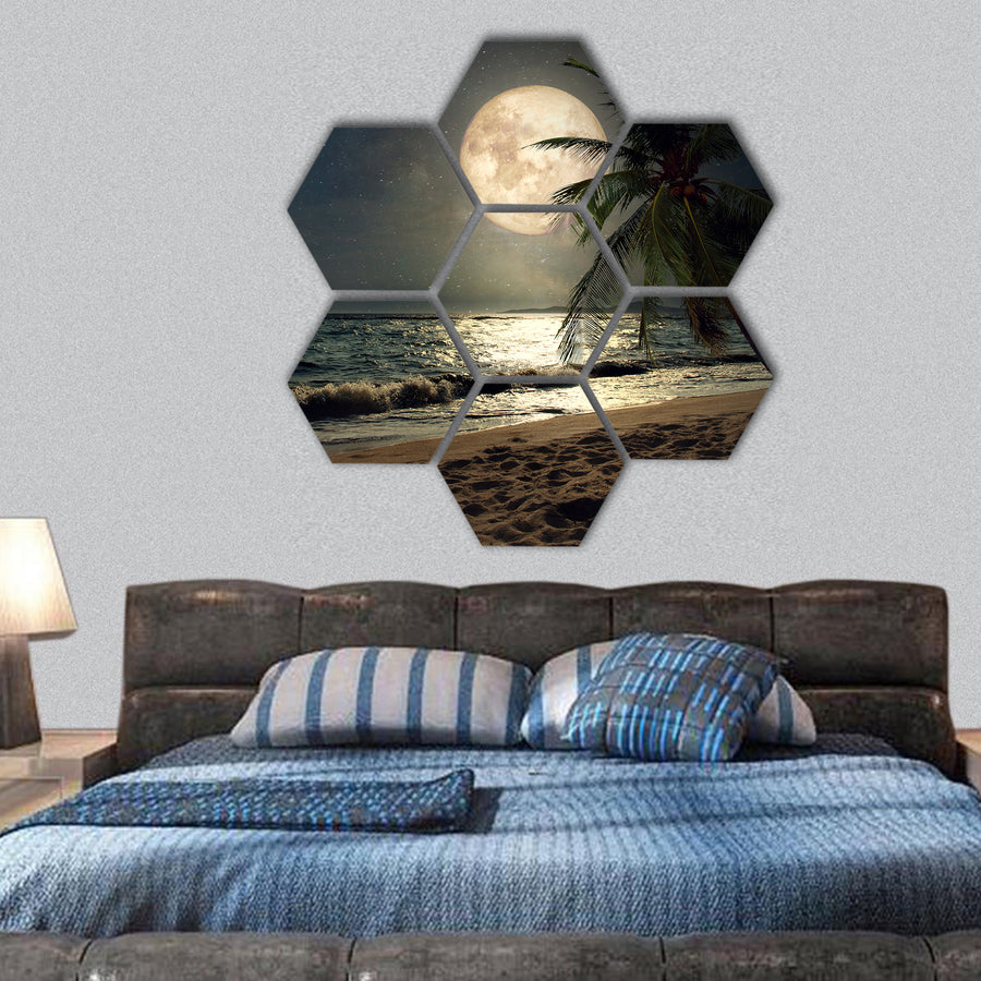 tropical beach with Milky Way star in night skies, full moon hexagonal canvas wall art