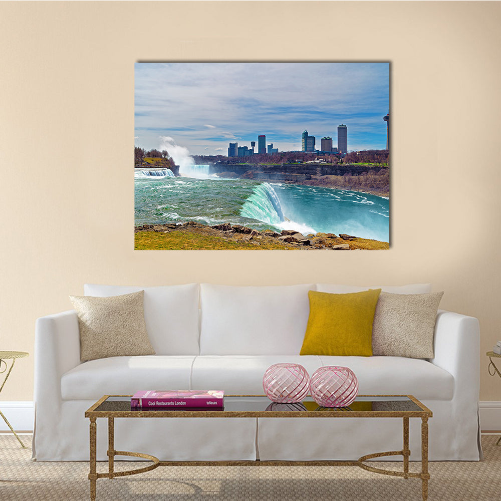 Niagara Falls from the American side and Skyscrapers from Canadian side Multi Panel Canvas Wall Art