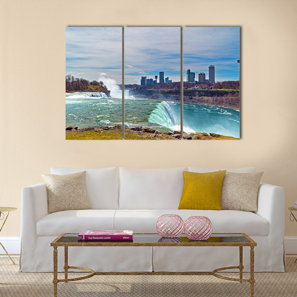 Niagara Falls from the American side and Skyscrapers from Canadian side Multi Panel Canvas Wall Art