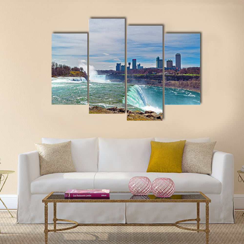 Niagara Falls from the American side and Skyscrapers from Canadian side Multi Panel Canvas Wall Art