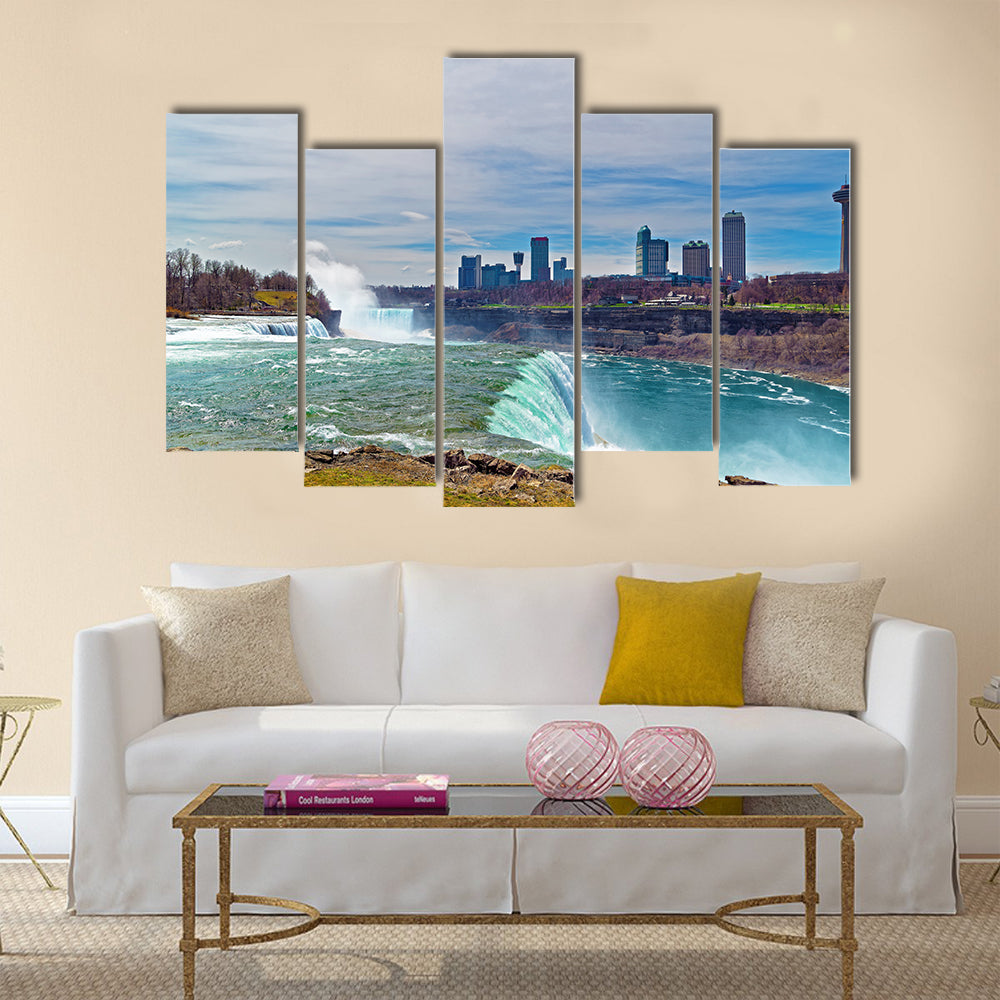 Niagara Falls from the American side and Skyscrapers from Canadian side Multi Panel Canvas Wall Art