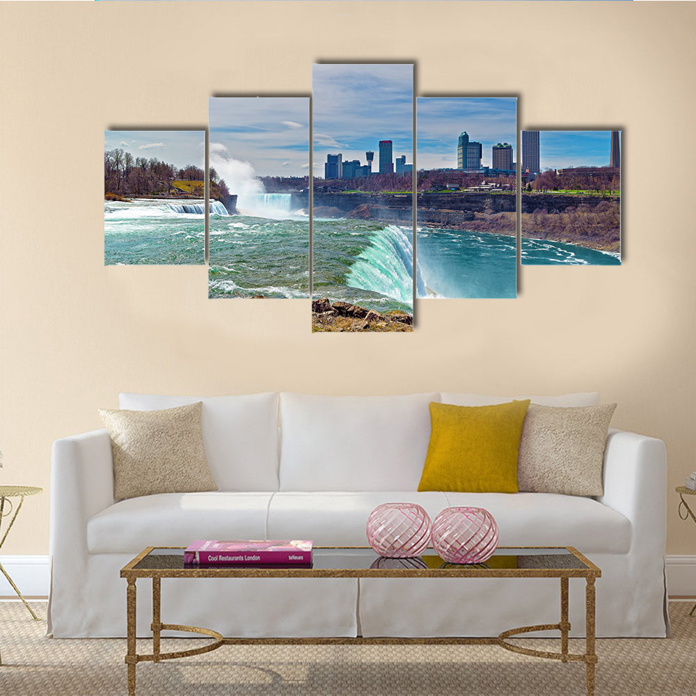 Niagara Falls from the American side and Skyscrapers from Canadian side Multi Panel Canvas Wall Art